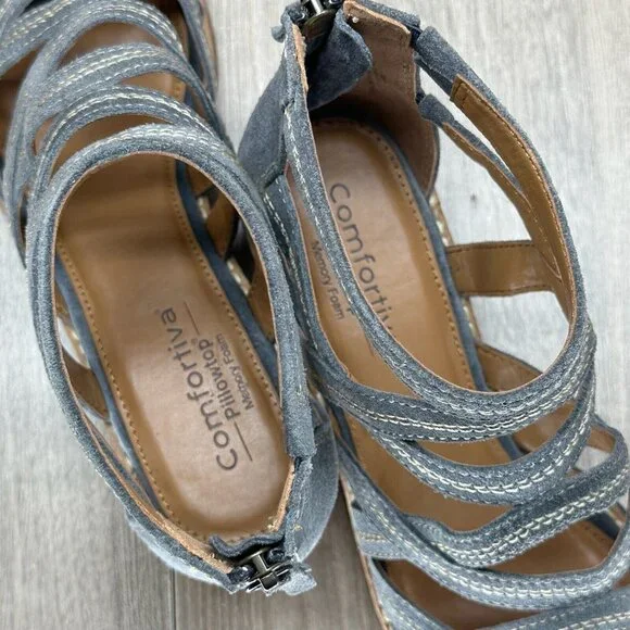 Comfortiva Sandals Women 8M Betha Open Front Stacked Heel Gladiator Leather Gray - Picture 6 of 14